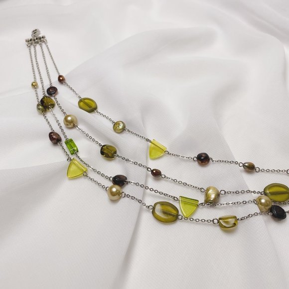 Olive Green Brown Natural Pearl Glass Beaded Silver Chain Layered Necklace - Picture 3 of 11